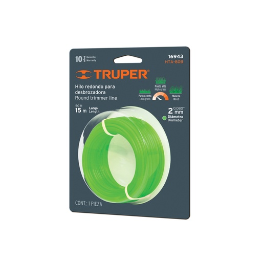 [16943] Hilo redondo, para desbrozadora, 2mm x 15m, tarjeta, TRUPER HTA-80B