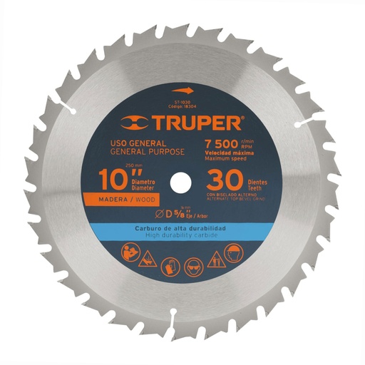[18304] Disco sierra 10' para madera, 30 dientes centro 5/8', Truper ST-1030
