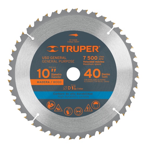 [18307] Disco sierra 10' para madera, 40 dientes centro 1', Truper ST-1040E