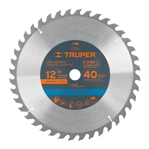 [18311] Disco sierra 12' para madera, 40 dientes centro 1', Truper ST-1240E
