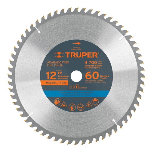 [18312] Disco sierra 12' para madera, 60 dientes centro 1', Truper ST-1260E