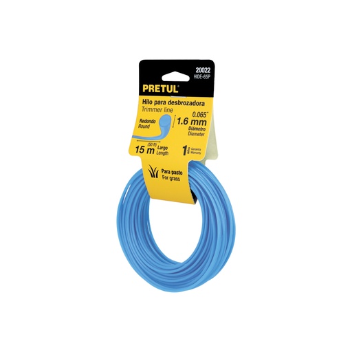 [20022] Hilo redondo, para desbrozadora, 1.6mm x15m, tarjeta, PRETUL HIDE-65P