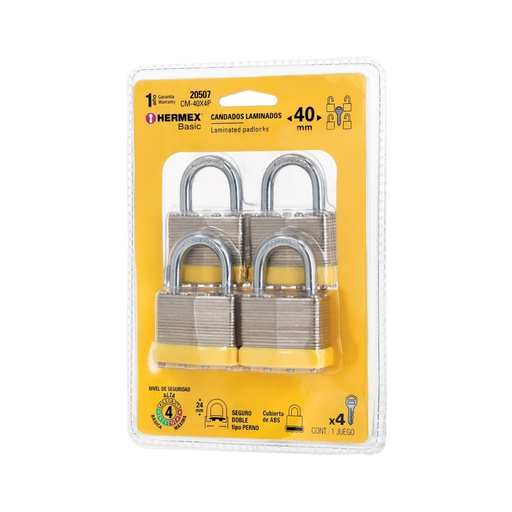 [20507] Juego de 4 candados cuerpo laminado, 40 mm, HERMEX BASIC CM-40X4P
