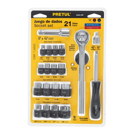[21162] Juego de 21 herramientas 1/4' y 3/8' para mecánico, Pretul JUDA-25P