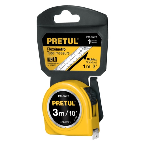 [21605] Flexómetro amarillo 3 m cinta 13 mm, en tarjeta, PRETUL PRO-3MEB