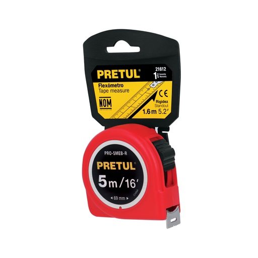 [21612] Flexómetro rojo 5 m cinta 19 mm, en tarjeta, PRETUL PRO-5MEB-R