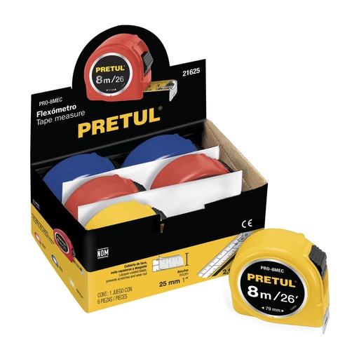 [21625] Flexómetro 8 m cinta 25 mm, display box con 6 pzas, PRETUL PRO-8MEC