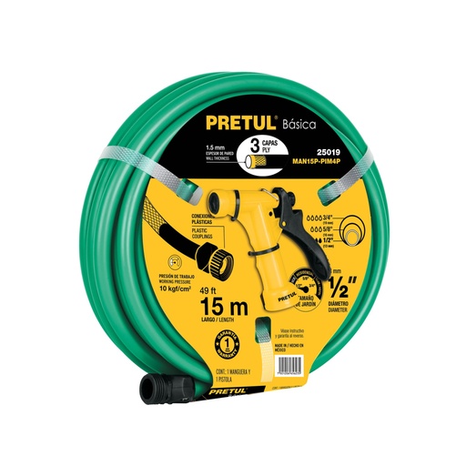 [25019] Combo manguera MAN-15X1/2P y pistola de riego PIM-4P, PRETUL MAN15P-PIM4P