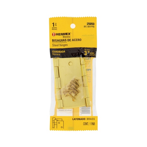 [25050] Bolsa c/2 bisagras cuadradas 3', latonado, HERMEX BASIC BC-301PPB