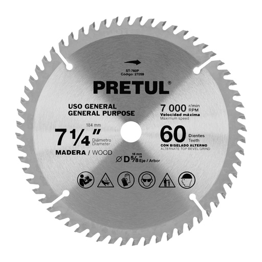 [27059] Disco sierra 7-1/4' p/madera, 60 dientes centro 5/8', Pretul ST-760P