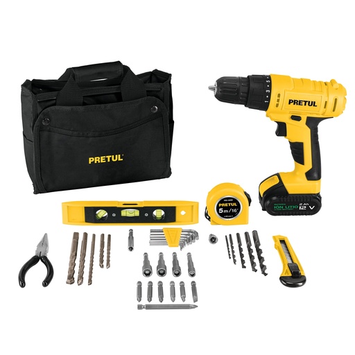 [27097] Kit taladro 3/8', 12V, 35 accesorios, en maleta, PRETUL TALI-12PK