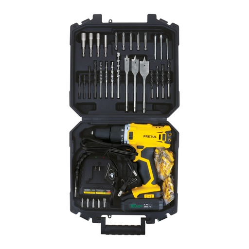 [29001] Kit taladro 1/2', 20V, 1 batería 2Ah, 32 accesorios, PRETUL TALI-20P2K