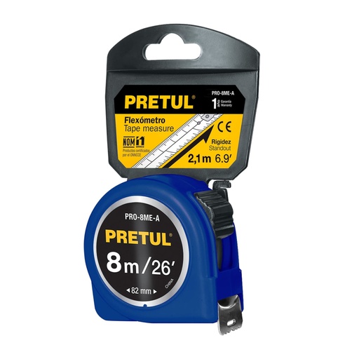 [29998] Flexómetro azul 8 m cinta 25 mm, en tarjeta, PRETUL PRO-8ME-A