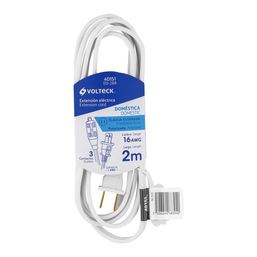 [40151] Extensión eléctrica doméstica 2 m clavija recta, blanca ED-2BR