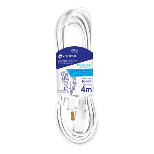 [40153] Extensión eléctrica doméstica 4 m clavija recta, blanca ED-4BR