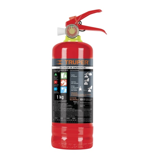 [100276] Extintor portátil recargable 1 kg, polvo tipo ABC, Truper Ext-1000