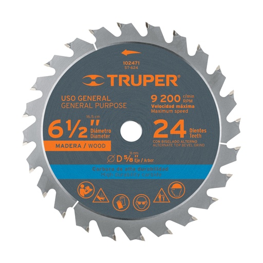 [102471] Disco sierra 6-1/2' p/madera, 24 dientes con centro 5/8' ST-624