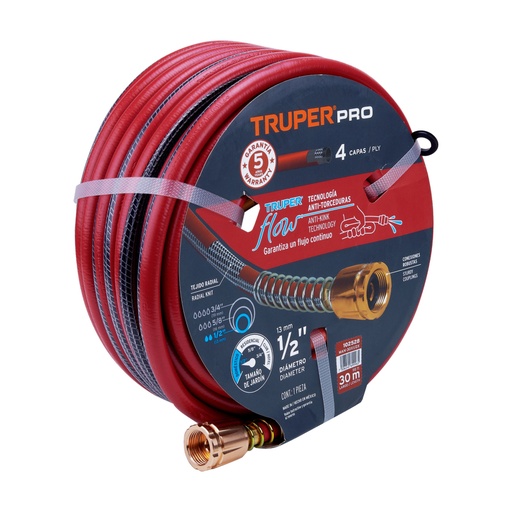 [102528] Manguera 1/2' super reforzada 4 capas 30 m conexiones metal MAN-30X1/2X
