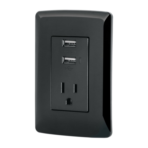 [47590] Contacto aterrizado + 2 puertos USB, negro, línea Italiana COUSB-IN