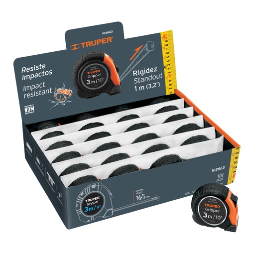 [102663] Flexómetro Gripper 3 m cinta 13 mm display box con 24 piezas FH-3MC