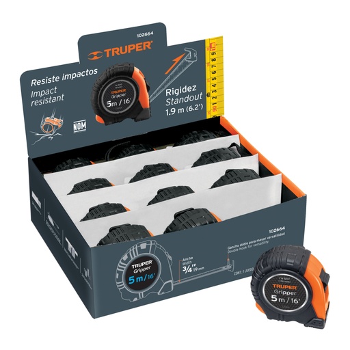 [102664] Flexómetro Gripper 5 m cinta 13 mm display box con 12 piezas FH-5MC