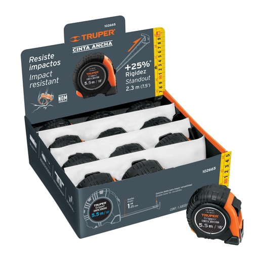 [102665] Flexómetro Gripper 5.5m cinta 25mm display box con 12 piezas FH-55MC