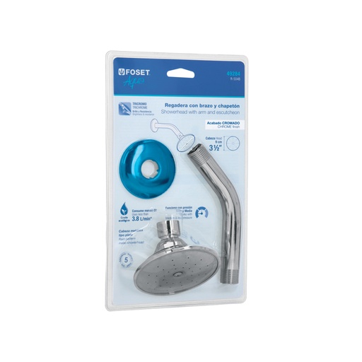 [49284] Regadera redonda 3-1/2', metálica,brazo y chapetón, blister R-504B