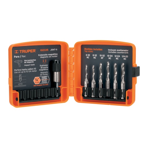 [102335] Juego de 6 brocas HSS con machuelo para metal, Truper JBMT-6