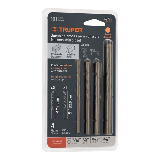 [102706] Juego de 4 brocas para concreto, TRUPER JBCT-4