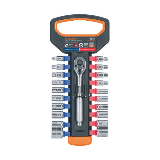 [103108] Juego de dados mm y std con matraca, cuadro 1/4', Truper JD-1/4X21MP