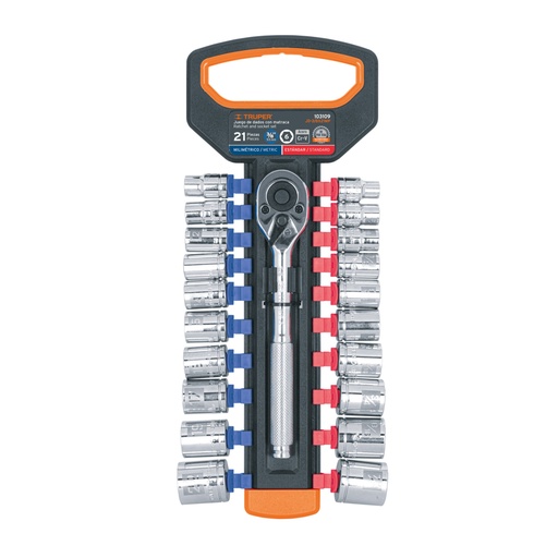 [103109] Juego de dados mm y std con matraca, cuadro 3/8', Truper JD-3/8X21MP