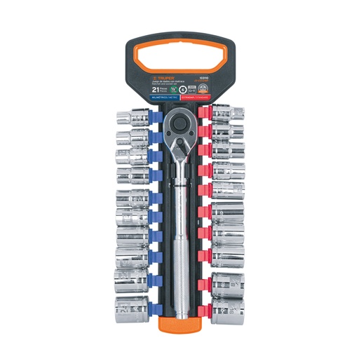 [103110] Juego de dados mm y std con matraca, cuadro 1/2', Truper JD-1/2X21MP