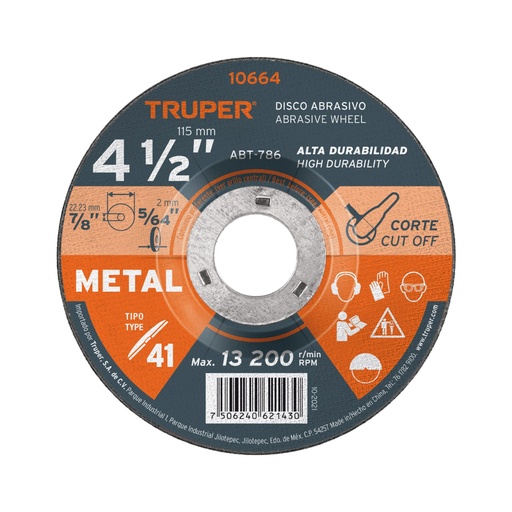 [10664] Disco de 4-1/2' para corte de metal, tipo 41, Truper ABT-786