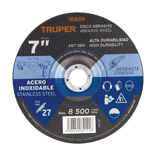 [10669] Disco Tipo 27 de 7' x 7.2 mm desbaste de acero inoxidable ABT-389