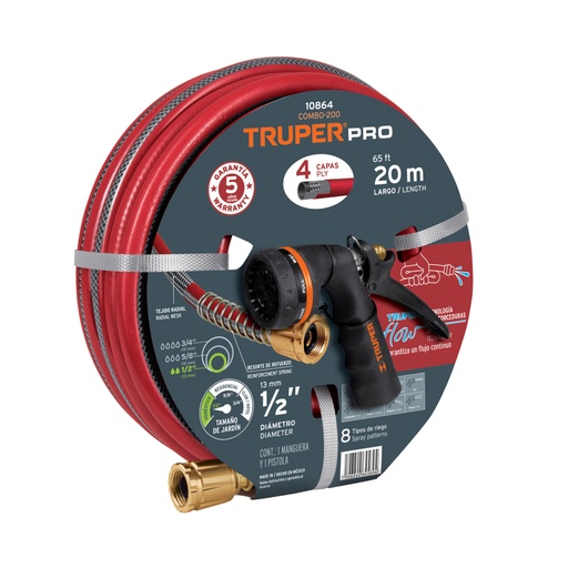 [10864] Combo manguera MAN-20X1/2X y pistola de riego PR-208, Truper COMBO-200