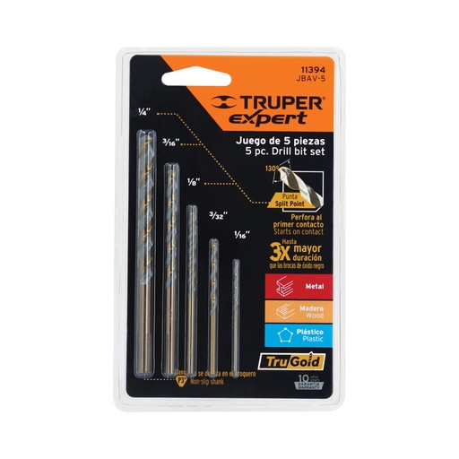 [11394] Juego de 5 brocas HSS para metal, Truper Expert JBAV-5