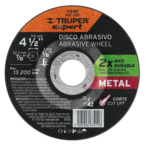 [11549] Disco Tipo 42 de 4-1/2' x 3.2 mm corte metal, Truper Expert ABT-390