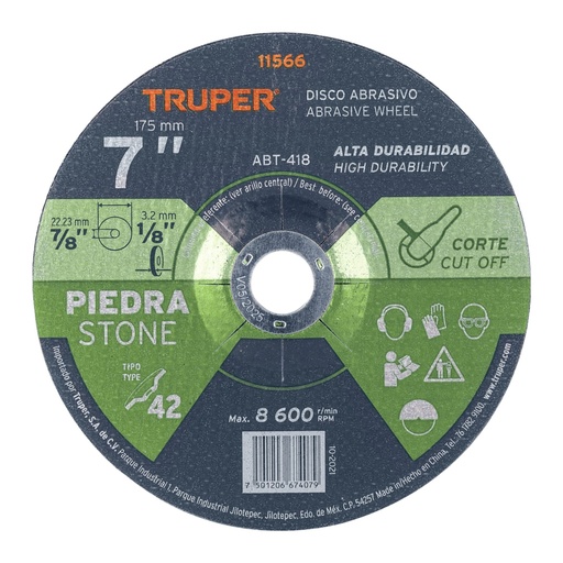 [11566] Disco Tipo 42 de 7' x 3.2 mm para corte de piedra, Truper ABT-418