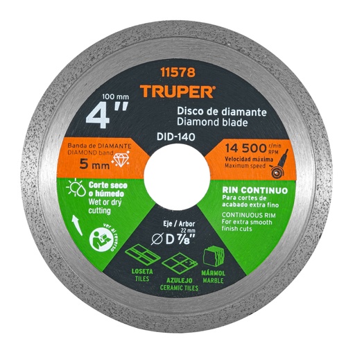 [11578] Disco de diamante de 4' x 1.6 mm, rin continuo, TRUPER DID-140