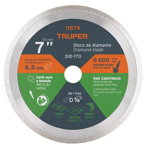 [11579] Disco de diamante de 7' x 2.2 mm, rin continuo, TRUPER DID-170