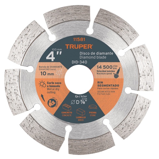 [11581] Disco de diamante de 4' x 2.1 mm, rin segmentado, TRUPER DID-340