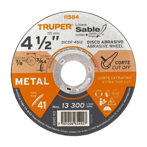 [11584] Disco Tipo 41 de 4-1/2' x 1.2 mm corte fino de metal, Sable DICOF-4512