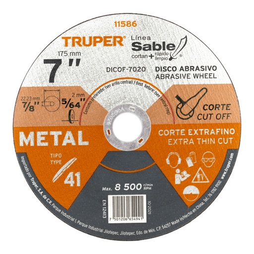 [11586] Disco Tipo 41 de 7' x 2 mm corte fino de metal, Sable DICOF-7020