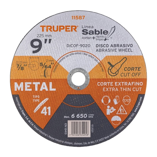 [11587] Disco Tipo 41 de 9' x 2 mm corte fino de metal, Sable DICOF-9020