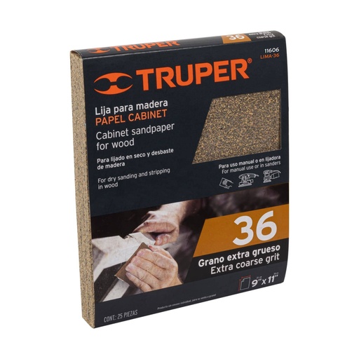 [11606] Lija para madera papel cabinet, grano 36, Truper LIMA-36