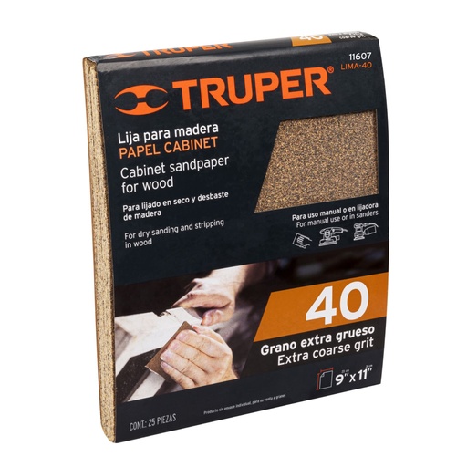 [11607] Lija para madera papel cabinet, grano 40, Truper LIMA-40