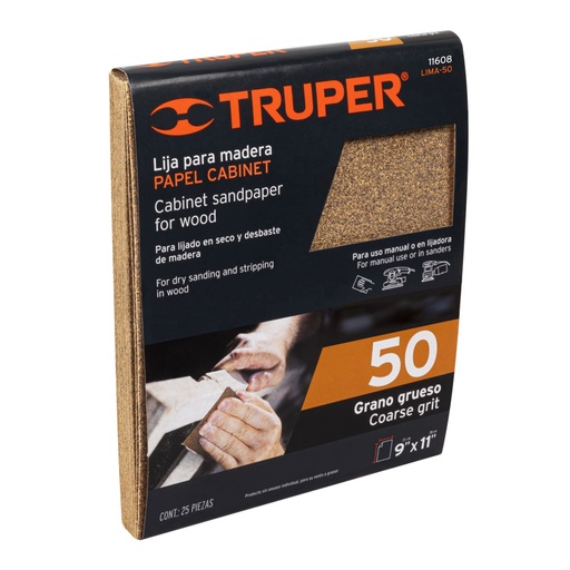 [11608] Lija para madera papel cabinet, grano 50, Truper LIMA-50