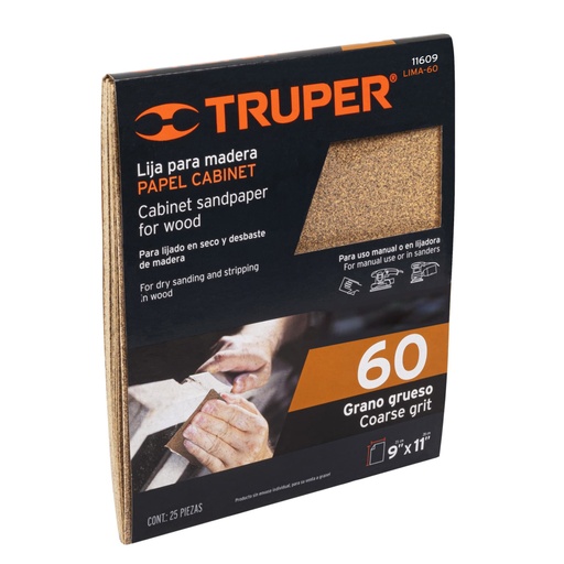 [11609] Lija para madera papel cabinet, grano 60, Truper LIMA-60