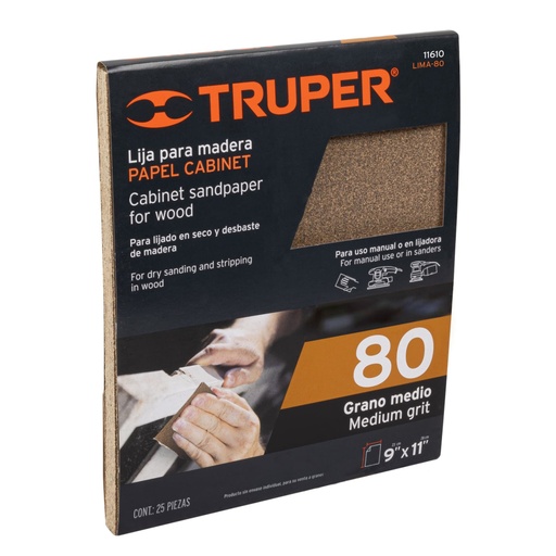 [11610] Lija para madera papel cabinet, grano 80, Truper LIMA-80