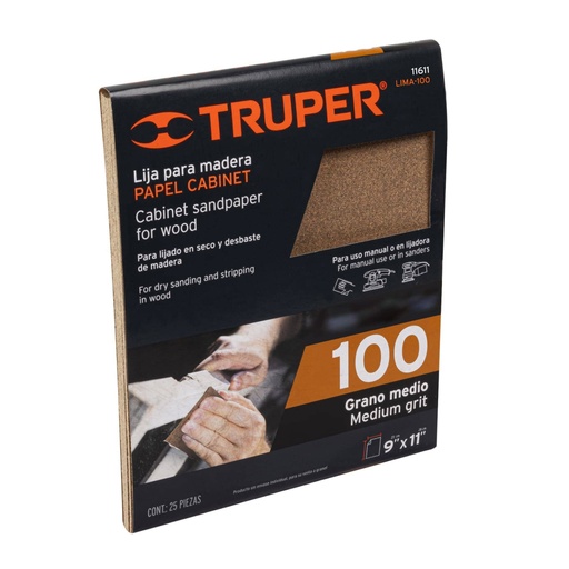 [11611] Lija para madera papel cabinet, grano 100, Truper LIMA-100